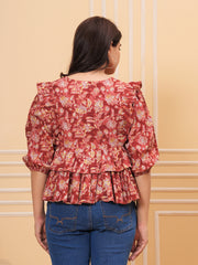 Maluka Women’s Rose Gold & Blue Cotton V-Neck Frill Top
