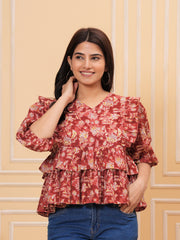 Maluka Women’s Rose Gold & Blue Cotton V-Neck Frill Top