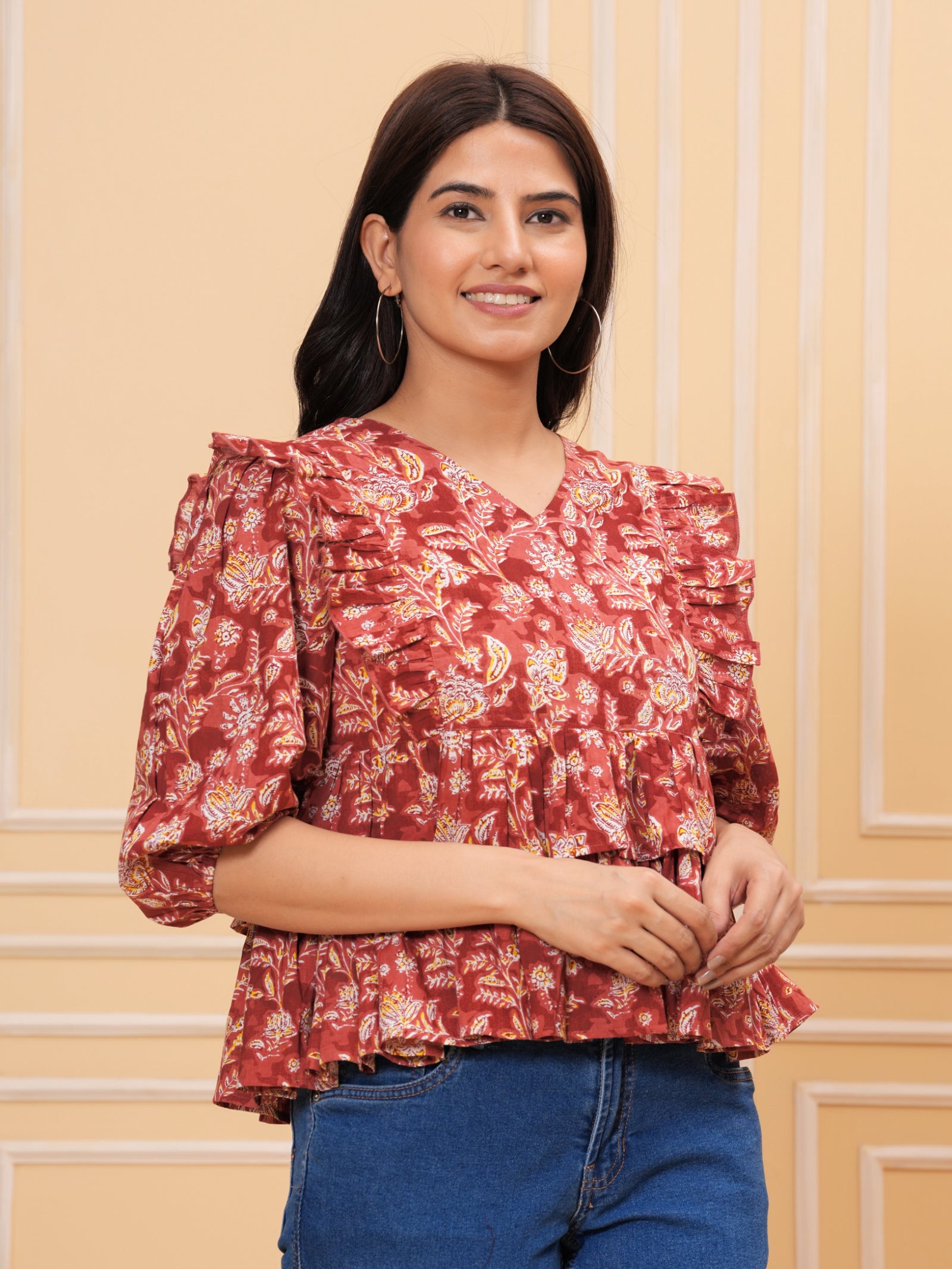 Maluka Women’s Rose Gold & Blue Cotton V-Neck Frill Top
