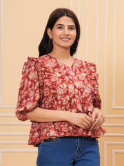Maluka Women’s Rose Gold & Blue Cotton V-Neck Frill Top