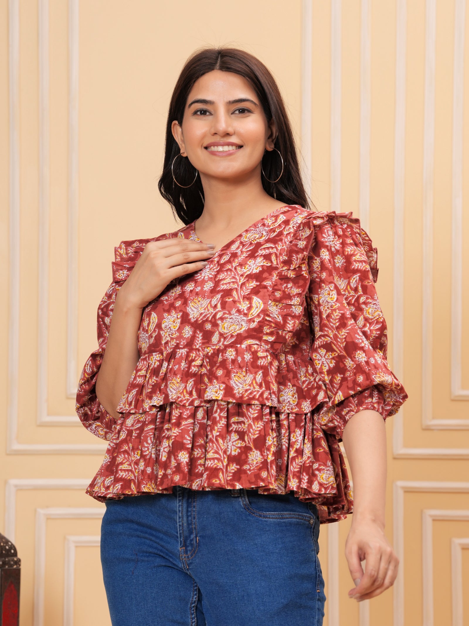 Maluka Women’s Rose Gold & Blue Cotton V-Neck Frill Top