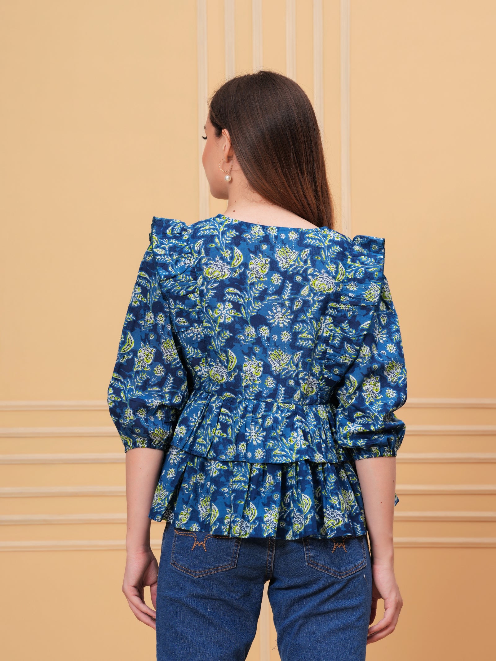 Maluka Women’s Rose Gold & Blue Cotton V-Neck Frill Top