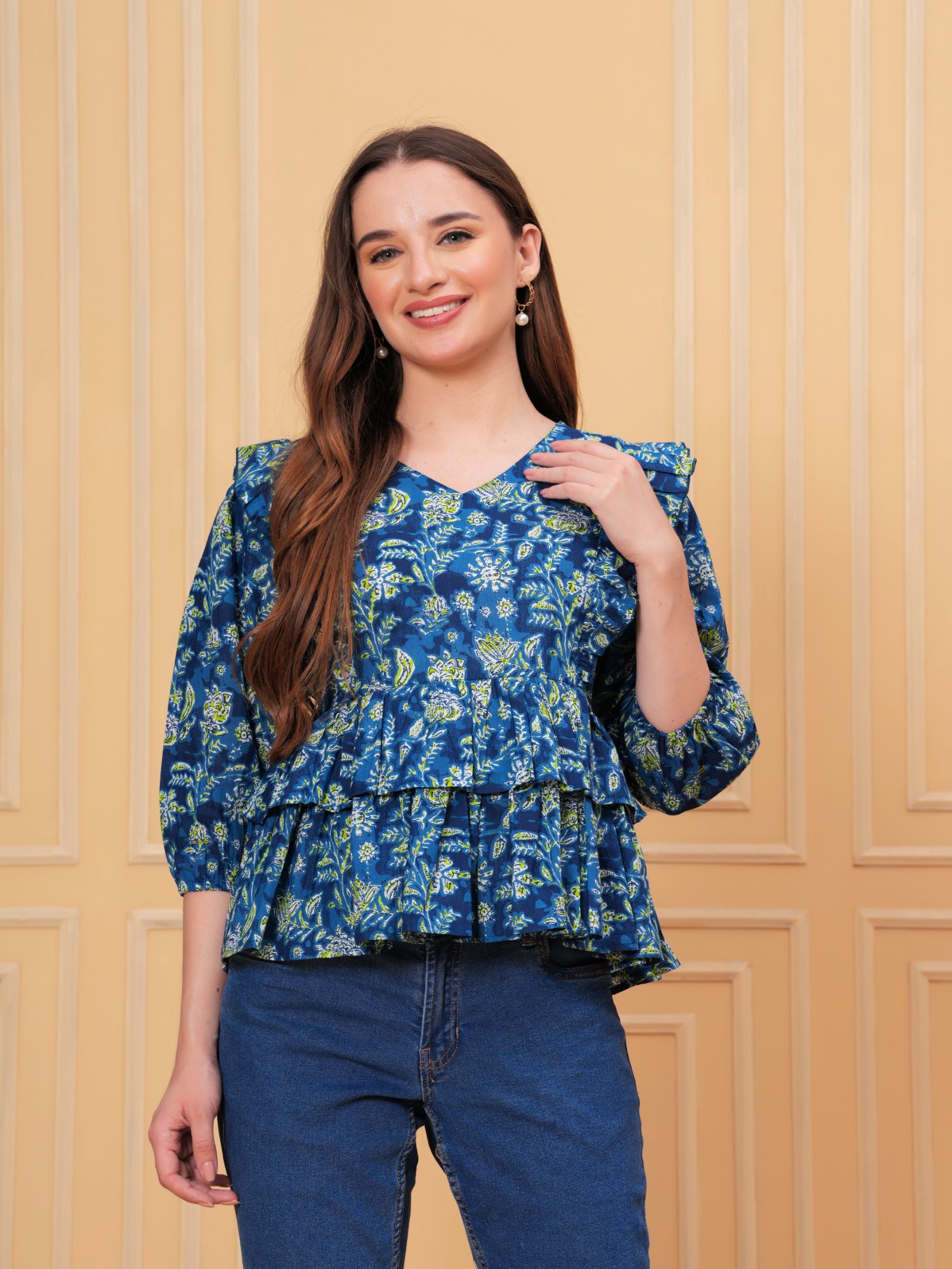 Maluka Women’s Rose Gold & Blue Cotton V-Neck Frill Top