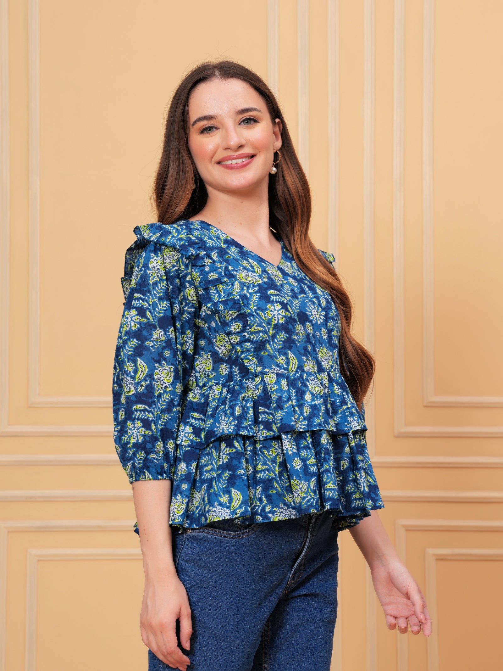 Maluka Women’s Rose Gold & Blue Cotton V-Neck Frill Top