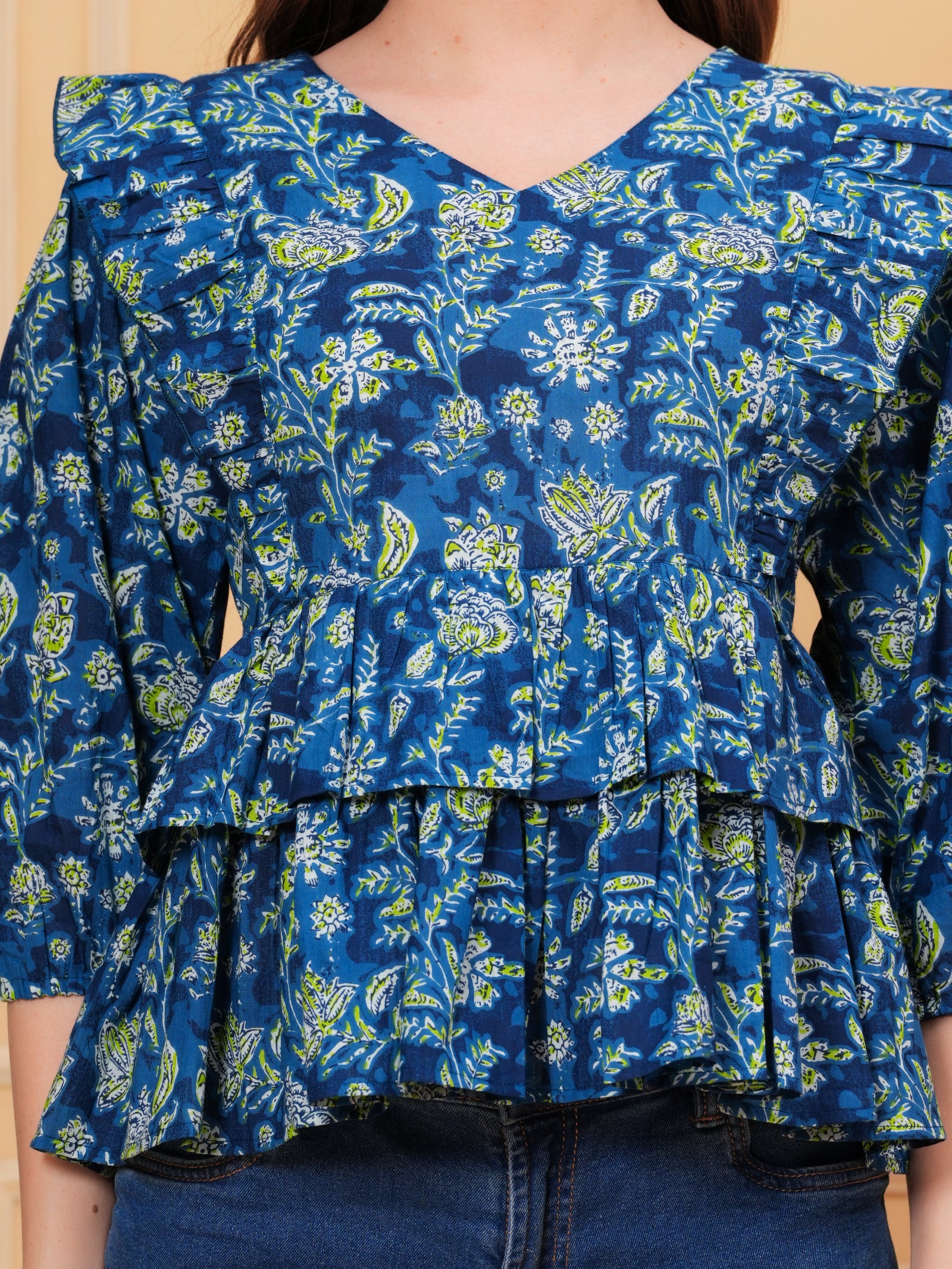 Maluka Women’s Rose Gold & Blue Cotton V-Neck Frill Top