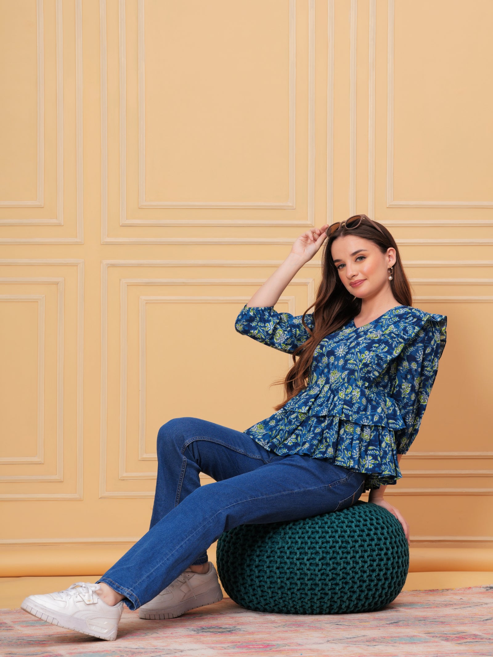 Maluka Women’s Rose Gold & Blue Cotton V-Neck Frill Top