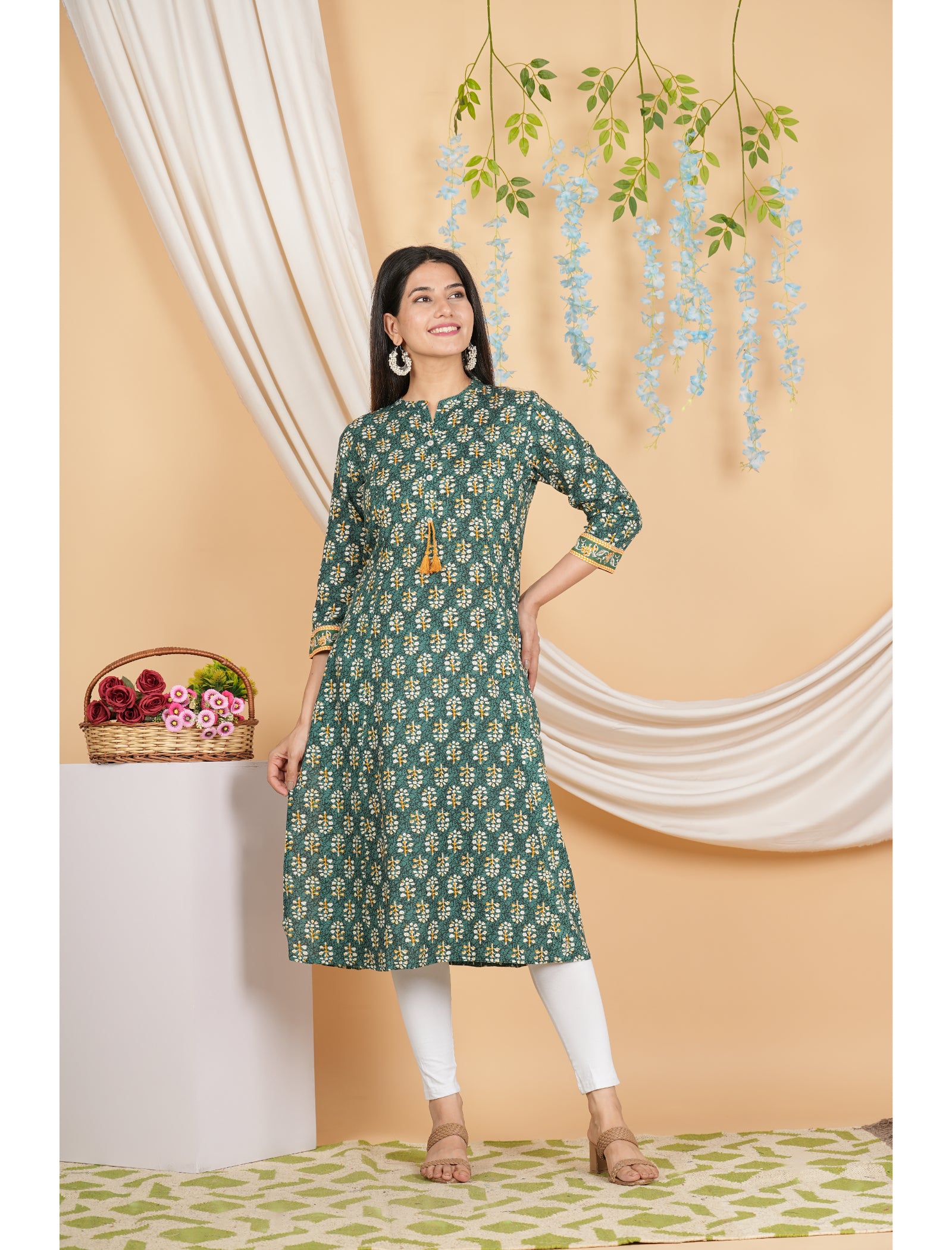 Maluka Women Rayon Floral Printed with Button and Tassel Straight Kurta