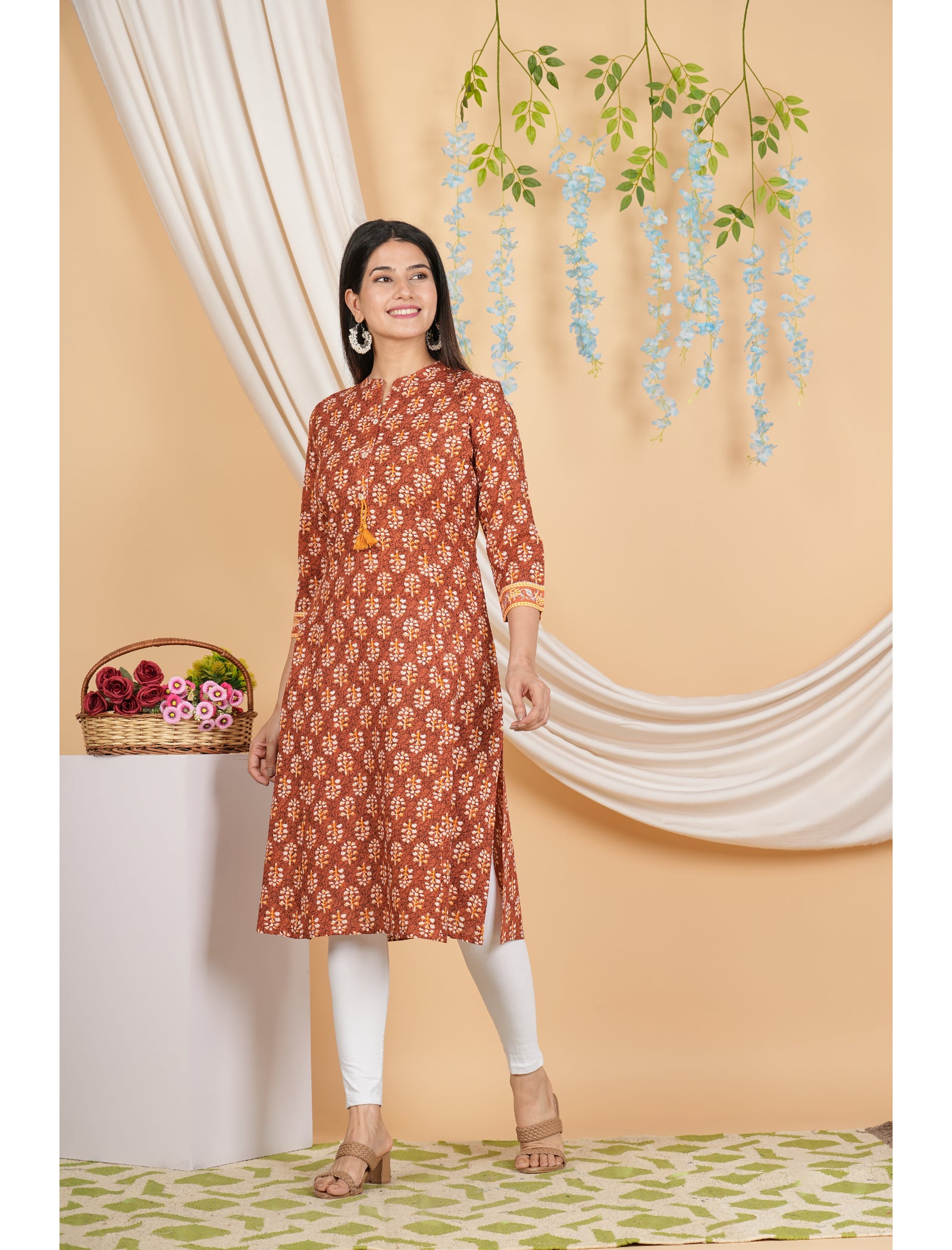 Maluka Women Rayon Floral Printed with Button and Tassel Straight Kurta