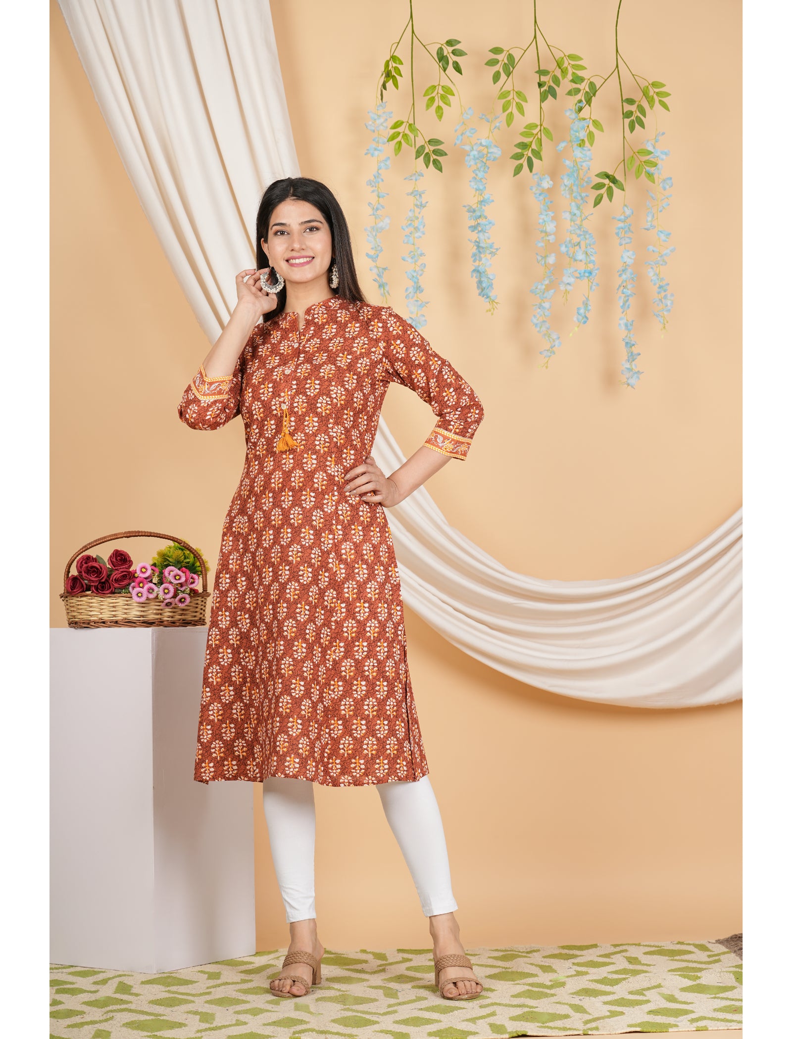 Maluka Women Rayon Floral Printed with Button and Tassel Straight Kurta