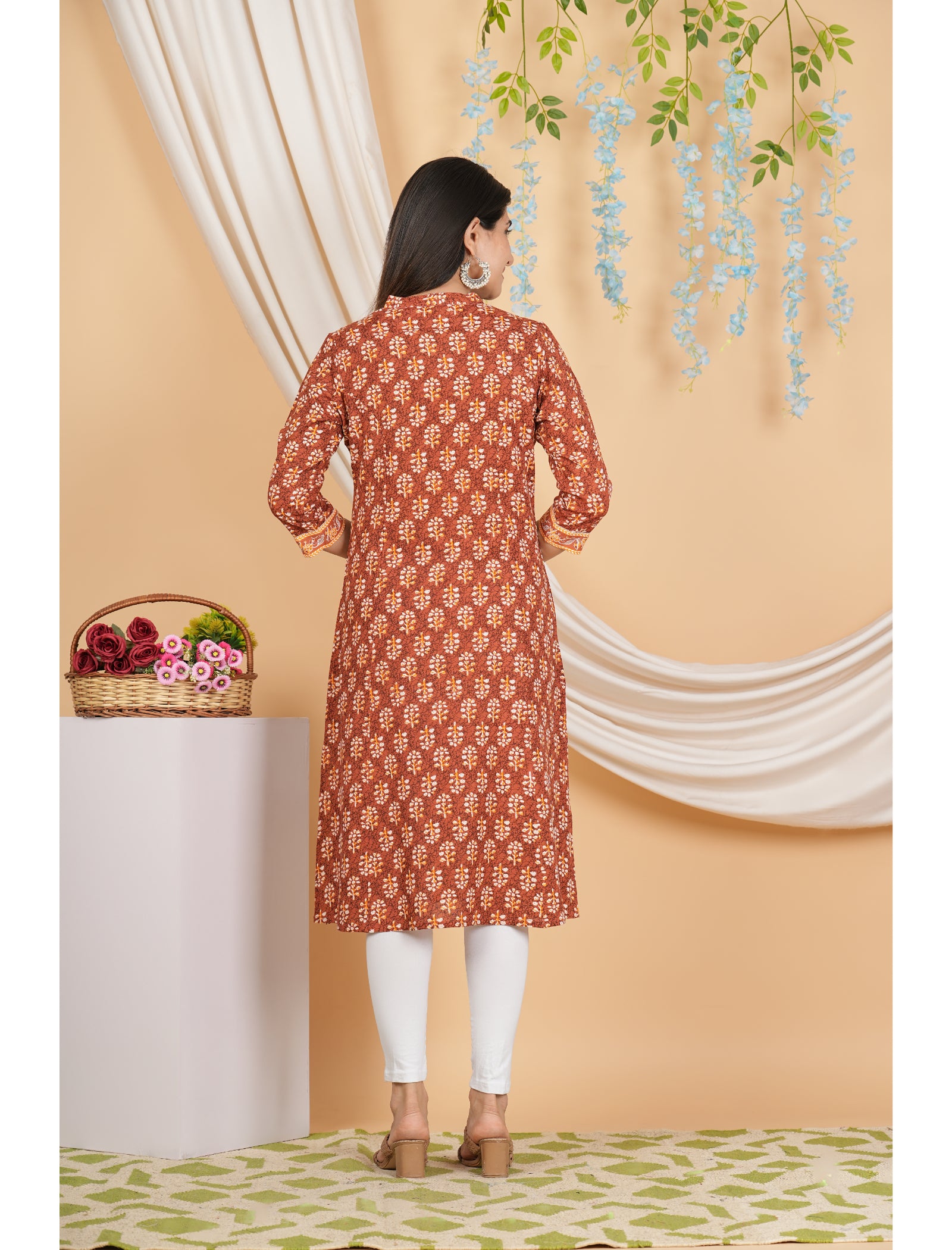 Maluka Women Rayon Floral Printed with Button and Tassel Straight Kurta