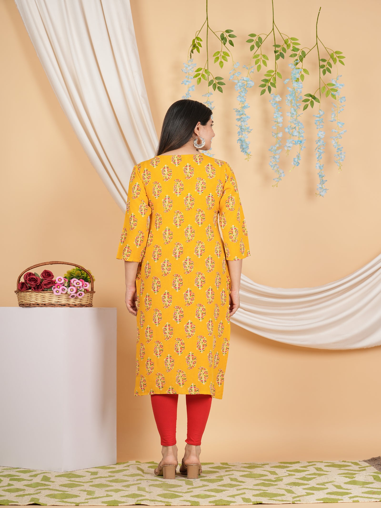 Maluka Women’s Yellow Floral Rayon Straight Kurta with Embroidery & Mirror Work