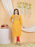 Maluka Women’s Yellow Floral Rayon Straight Kurta with Embroidery & Mirror Work