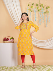 Maluka Women’s Yellow Floral Rayon Straight Kurta with Embroidery & Mirror Work