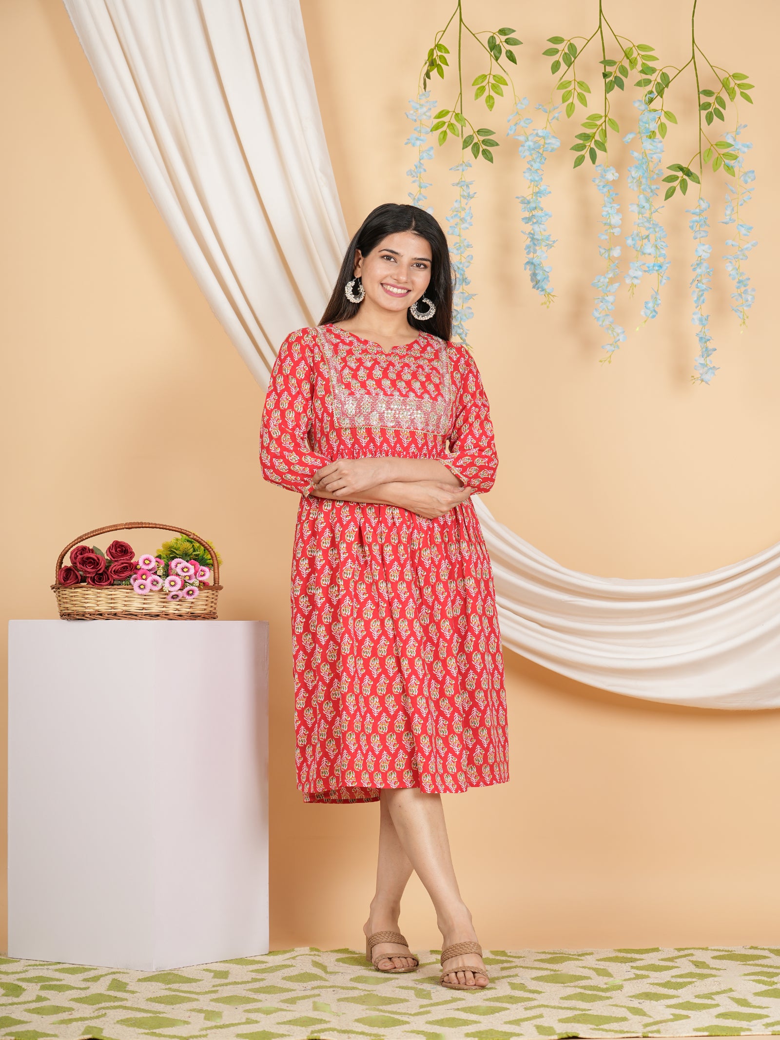 Maluka Women’s Red Floral Rayon A-Line Kurta with Sequins