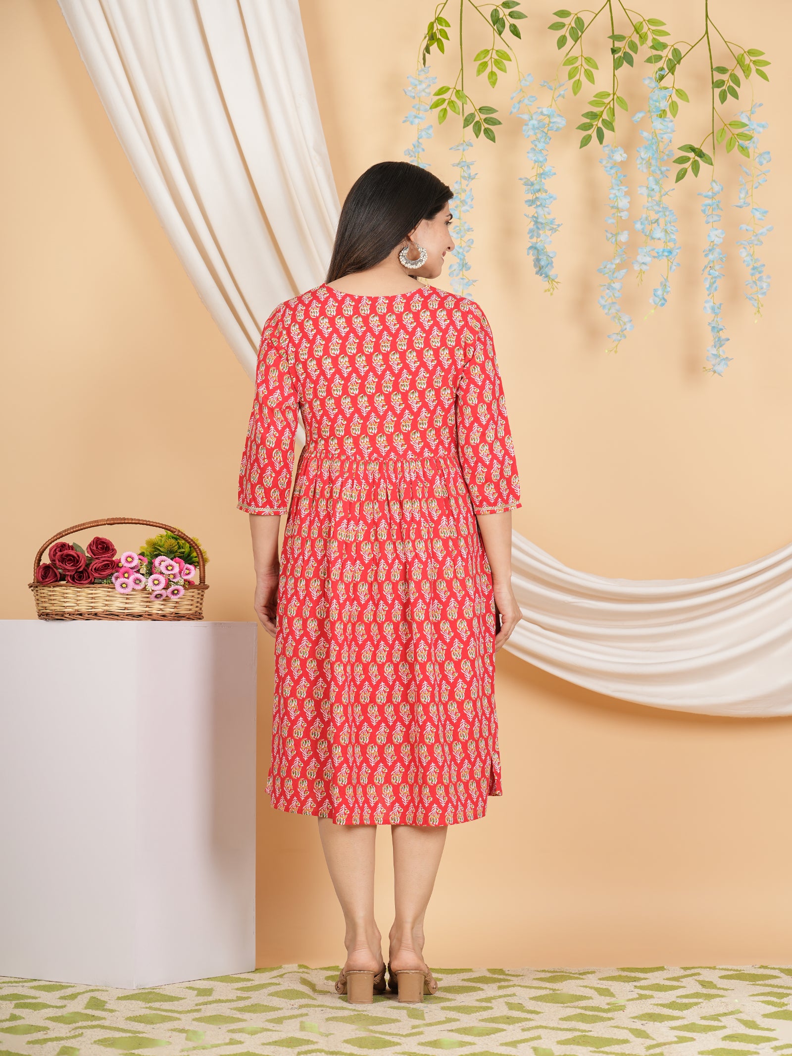 Maluka Women’s Red Floral Rayon A-Line Kurta with Sequins