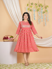 Maluka Women’s Red Floral Rayon A-Line Kurta with Sequins