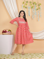 Maluka Women’s Red Floral Rayon A-Line Kurta with Sequins