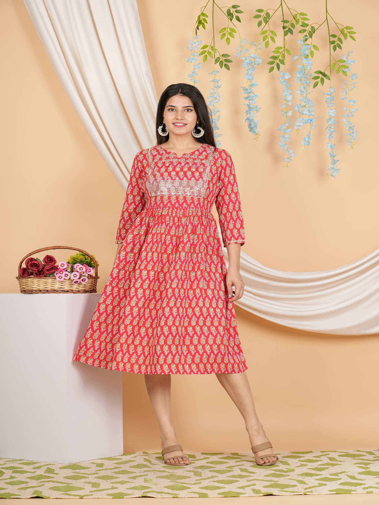 Maluka Women’s Red Floral Rayon A-Line Kurta with Sequins