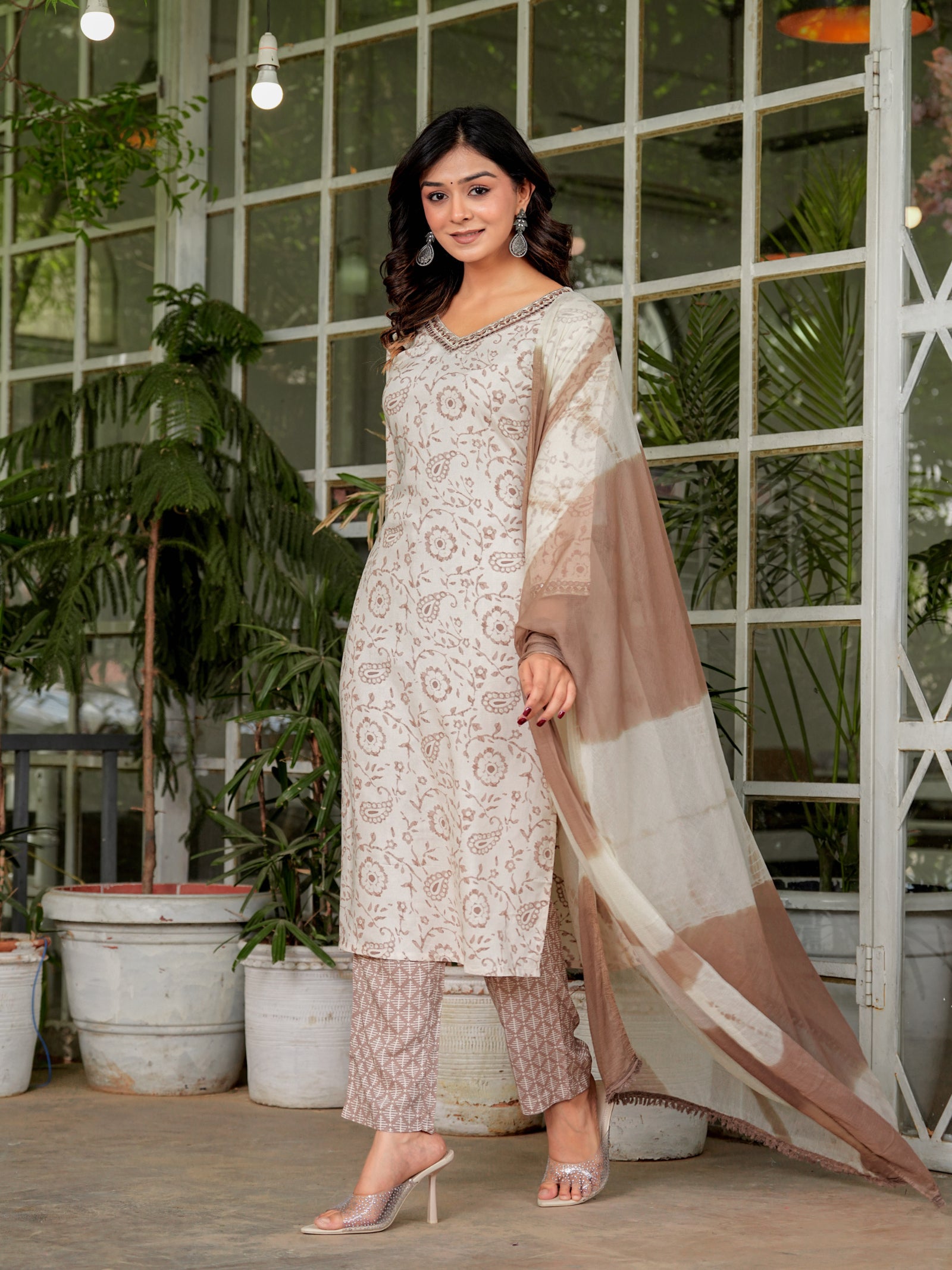 Maluka Women’s Brown Ethnic Rayon Foil Kurta Set with Dupatta