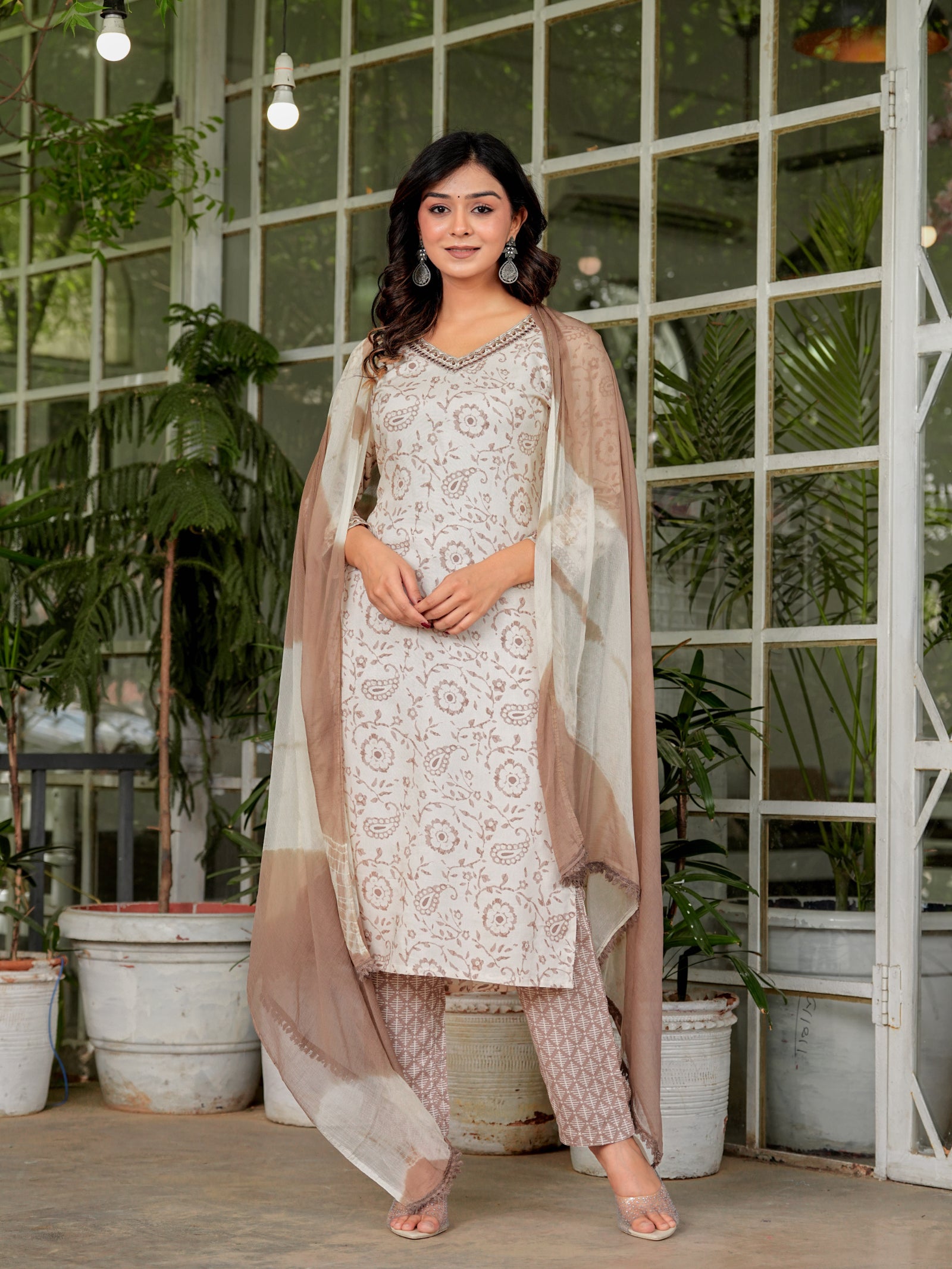 Maluka Women’s Brown Ethnic Rayon Foil Kurta Set with Dupatta
