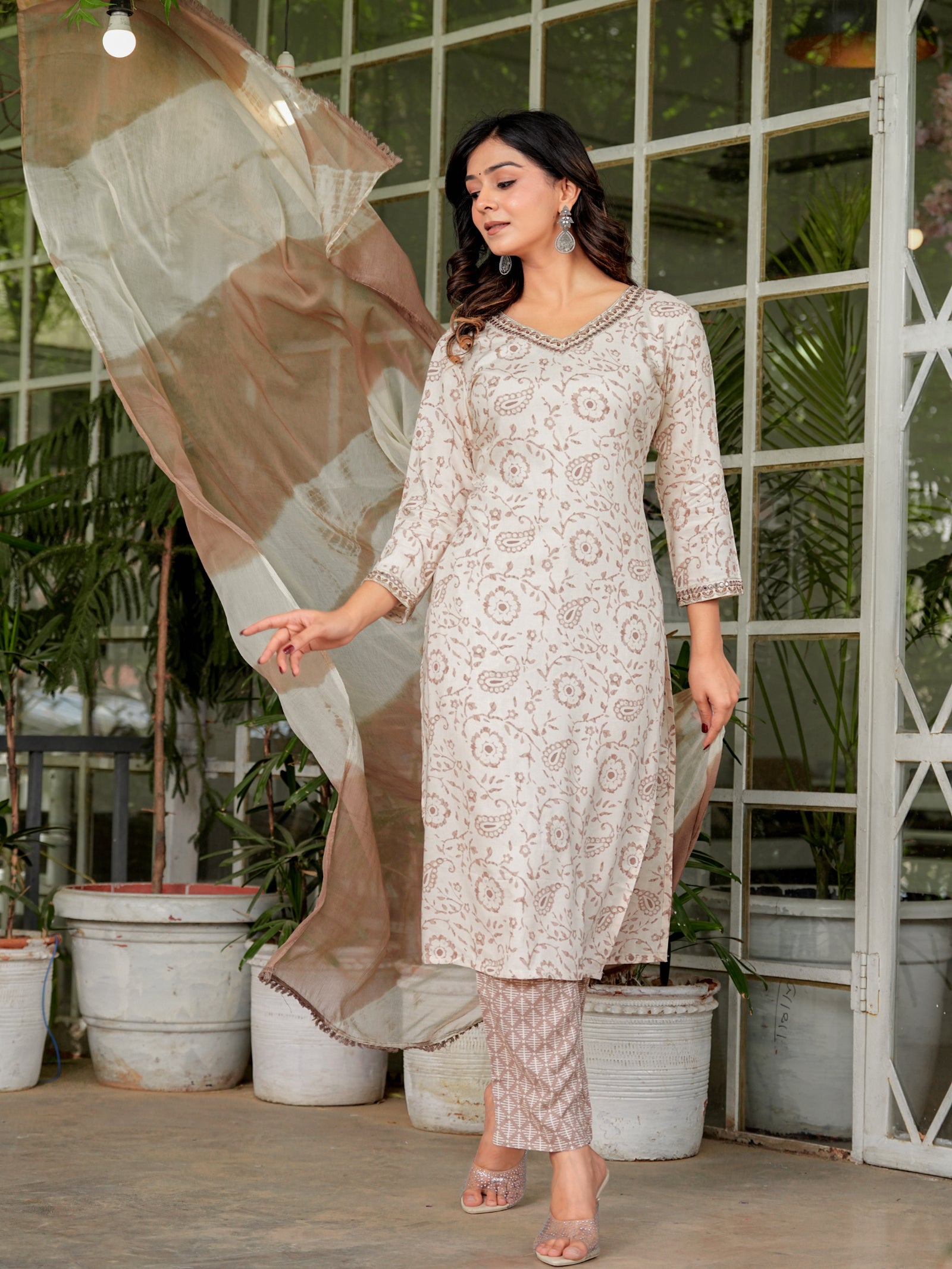 Maluka Women’s Brown Ethnic Rayon Foil Kurta Set with Dupatta