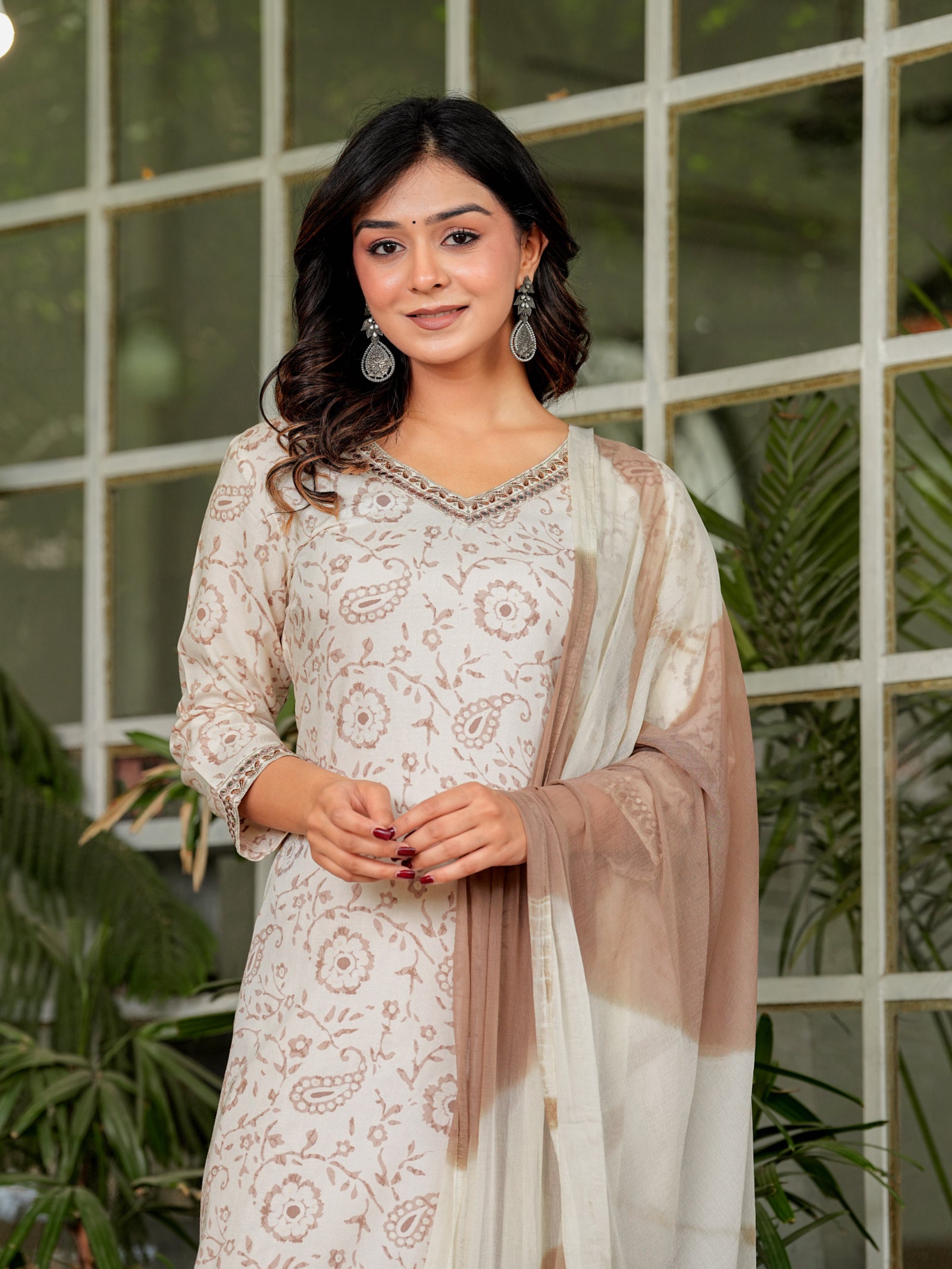 Maluka Women’s Brown Ethnic Rayon Foil Kurta Set with Dupatta
