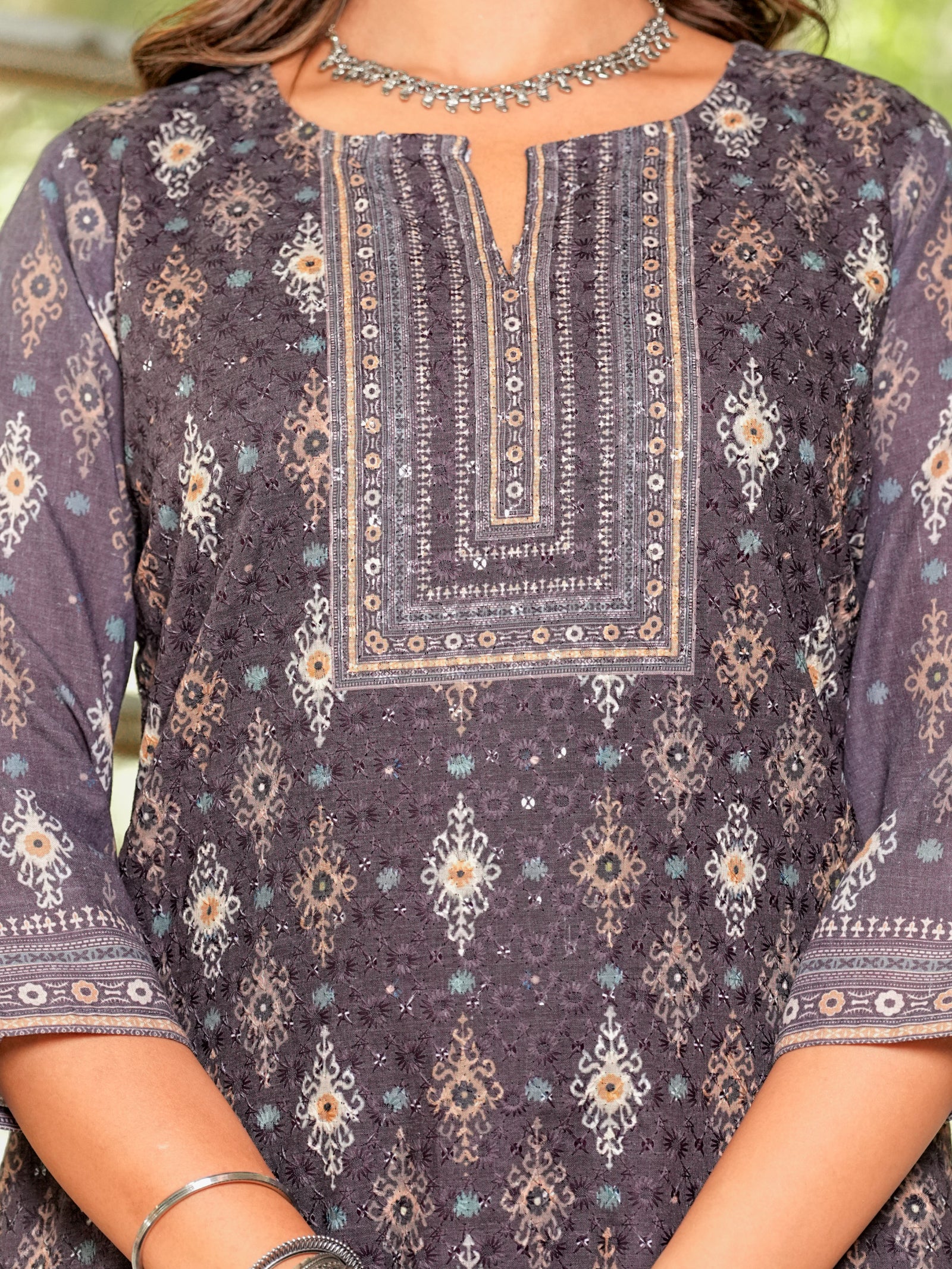 Maluka Women’s Brown & Teal Ethnic Cotton Schiffli Kurta Set