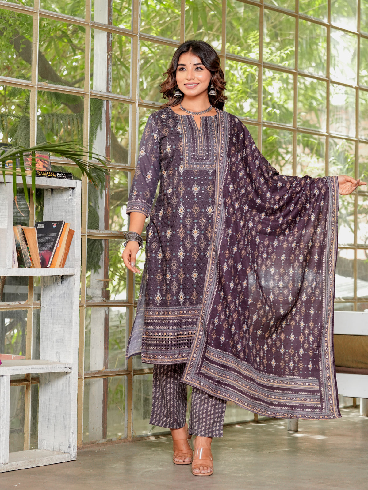 Maluka Women’s Brown & Teal Ethnic Cotton Schiffli Kurta Set