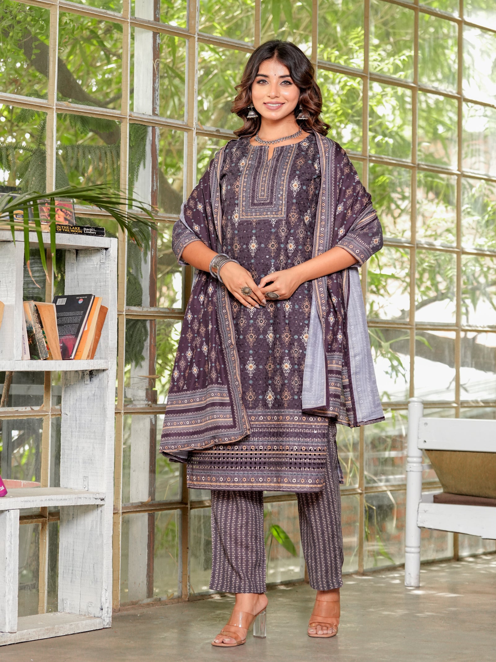 Maluka Women’s Brown & Teal Ethnic Cotton Schiffli Kurta Set