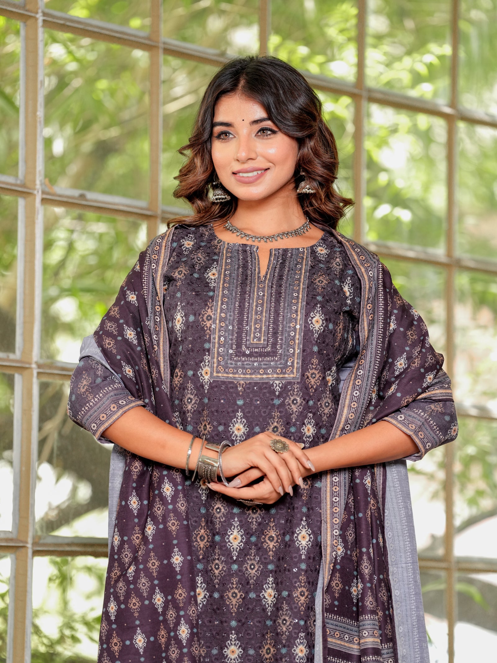 Maluka Women’s Brown & Teal Ethnic Cotton Schiffli Kurta Set