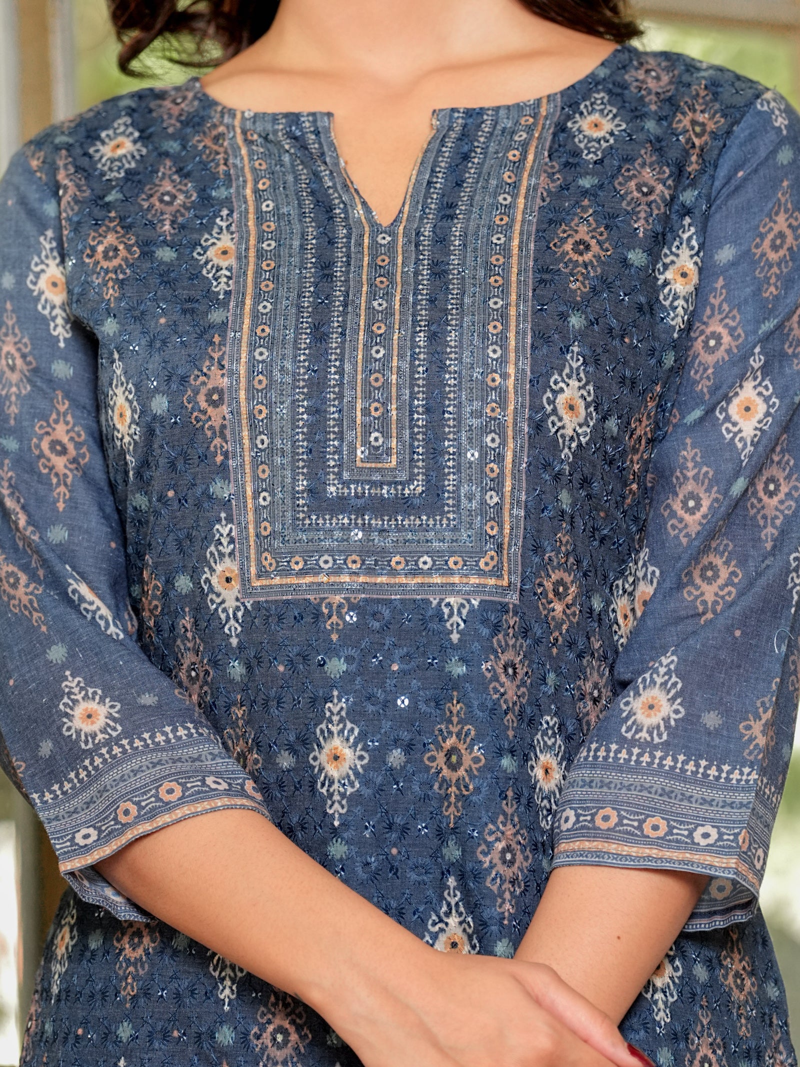 Maluka Women’s Brown & Teal Ethnic Cotton Schiffli Kurta Set