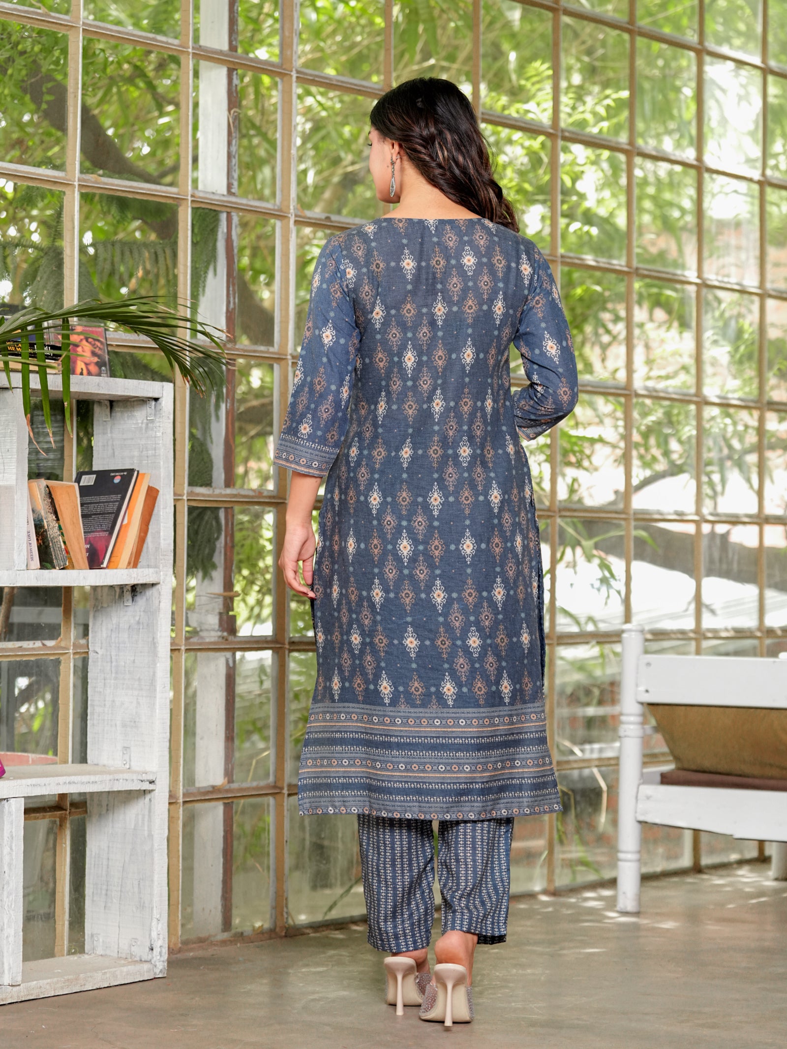 Maluka Women’s Brown & Teal Ethnic Cotton Schiffli Kurta Set