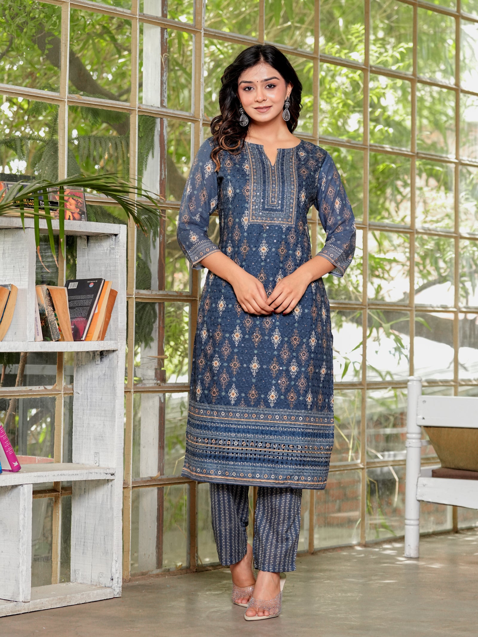 Maluka Women’s Brown & Teal Ethnic Cotton Schiffli Kurta Set