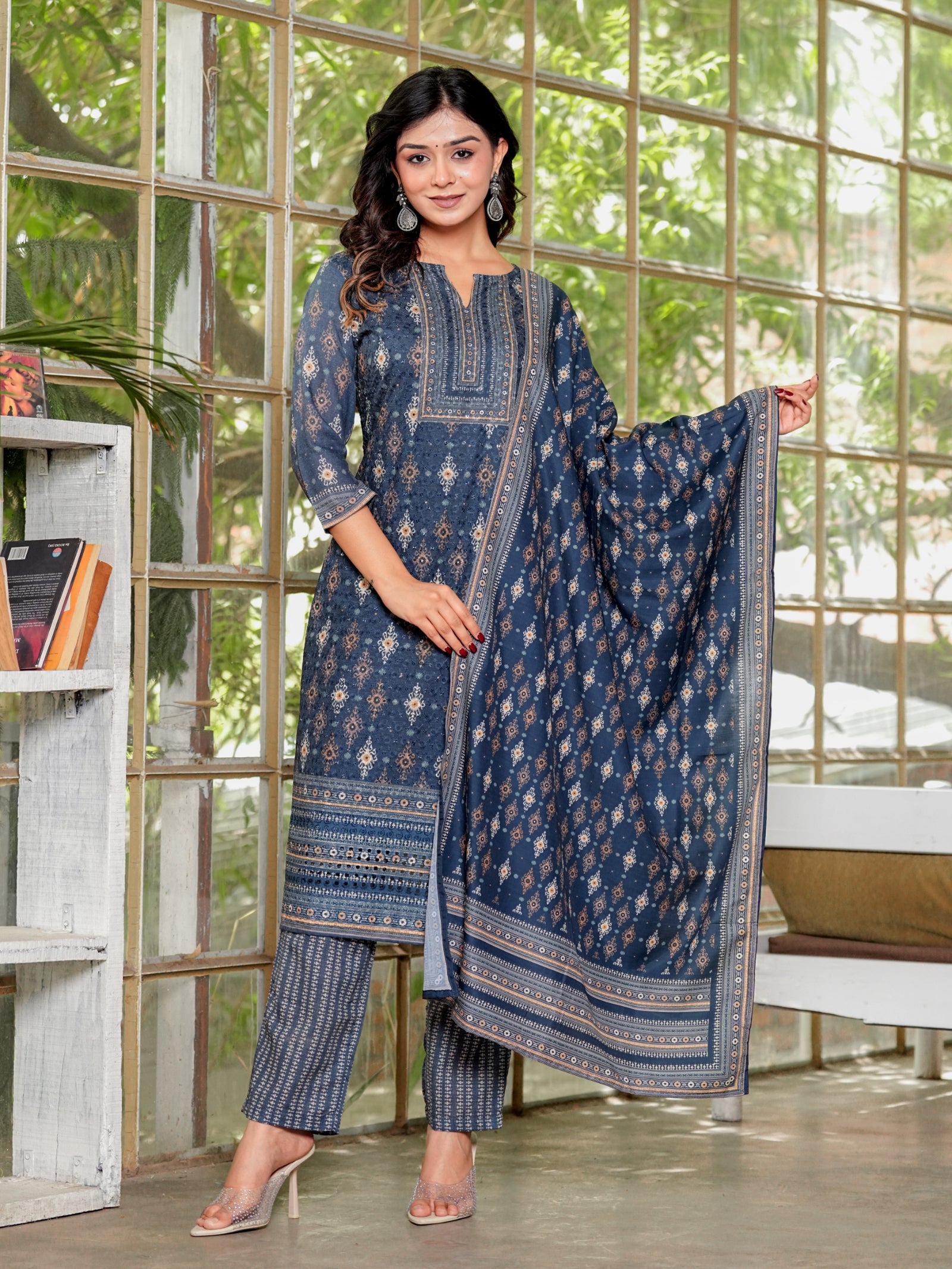 Maluka Women’s Brown & Teal Ethnic Cotton Schiffli Kurta Set