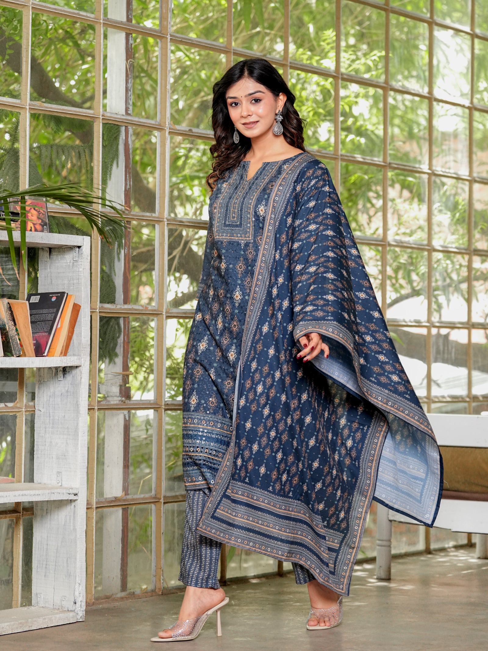 Maluka Women’s Brown & Teal Ethnic Cotton Schiffli Kurta Set