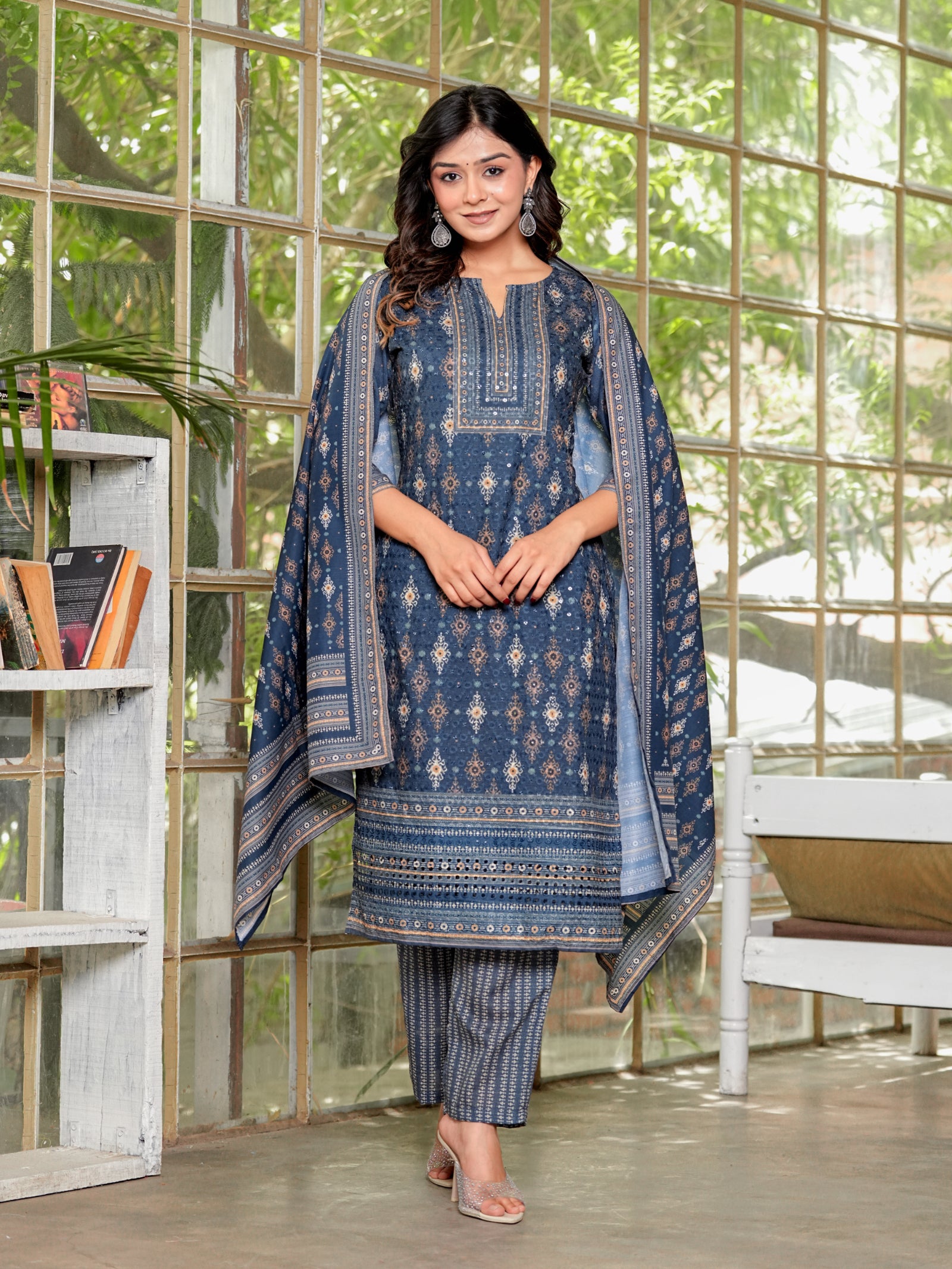 Maluka Women’s Brown & Teal Ethnic Cotton Schiffli Kurta Set