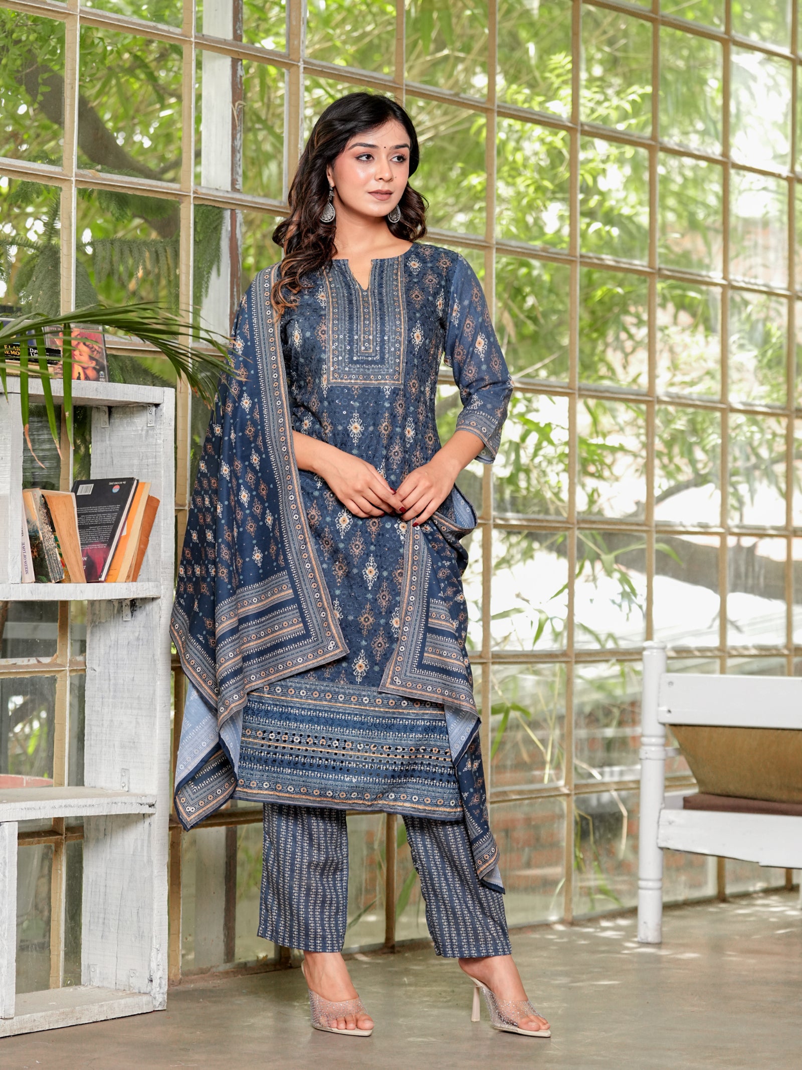 Maluka Women’s Brown & Teal Ethnic Cotton Schiffli Kurta Set