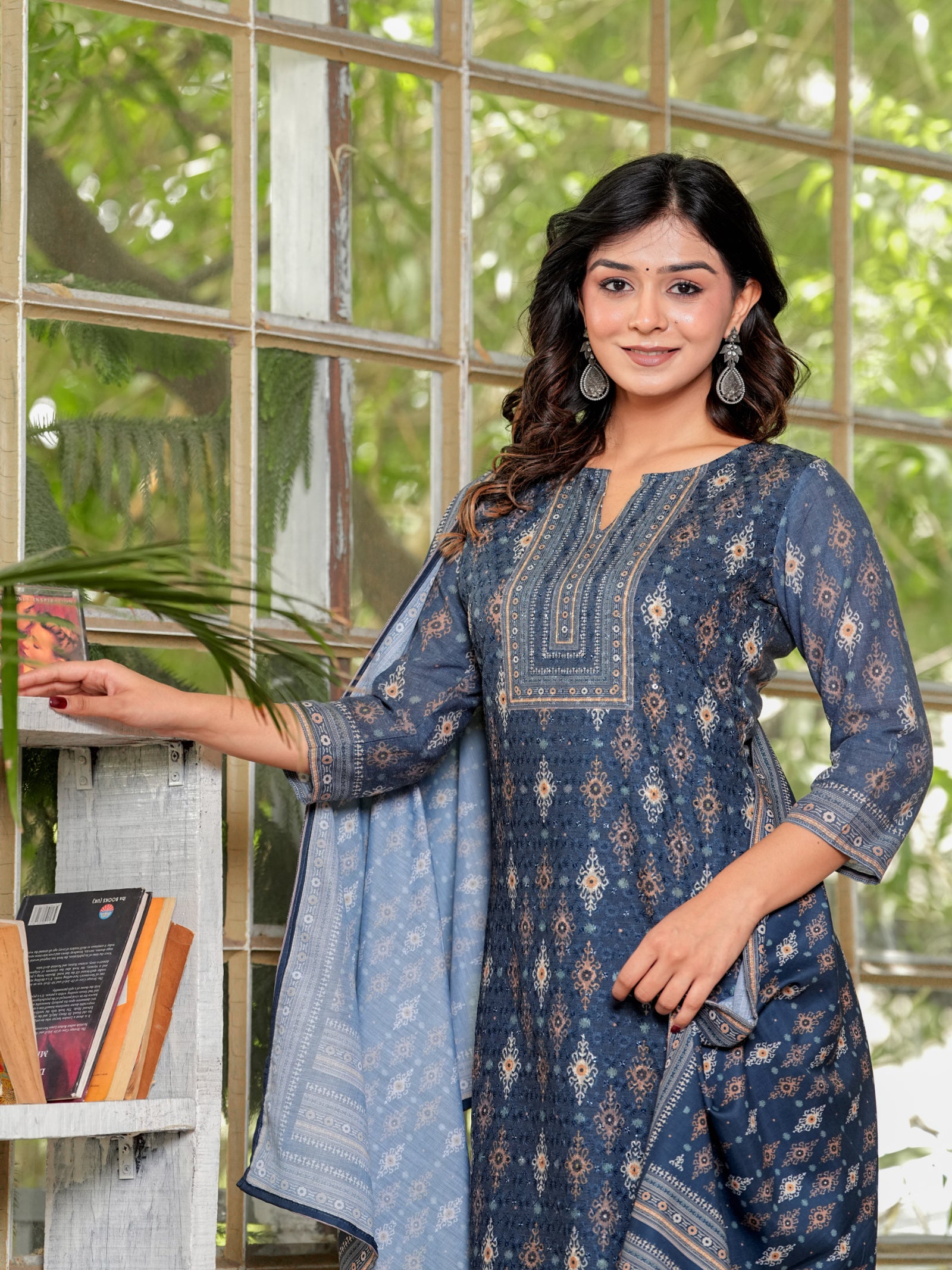 Maluka Women’s Brown & Teal Ethnic Cotton Schiffli Kurta Set
