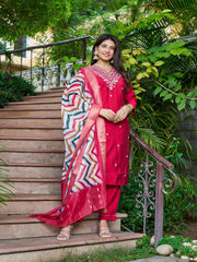 Maluka Women Roman Silk Solid Embroidery Kurta Pant with Dupatta Set