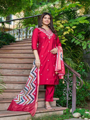 Maluka Women Roman Silk Solid Embroidery Kurta Pant with Dupatta Set