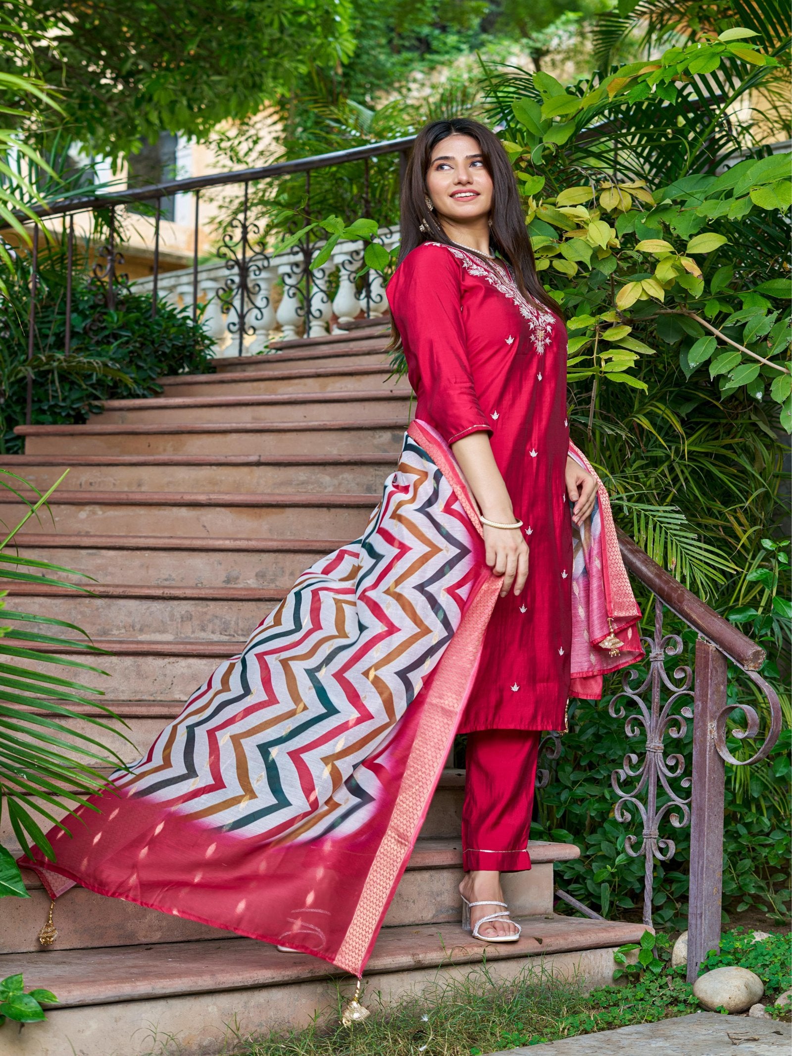 Maluka Women Roman Silk Solid Embroidery Kurta Pant with Dupatta Set