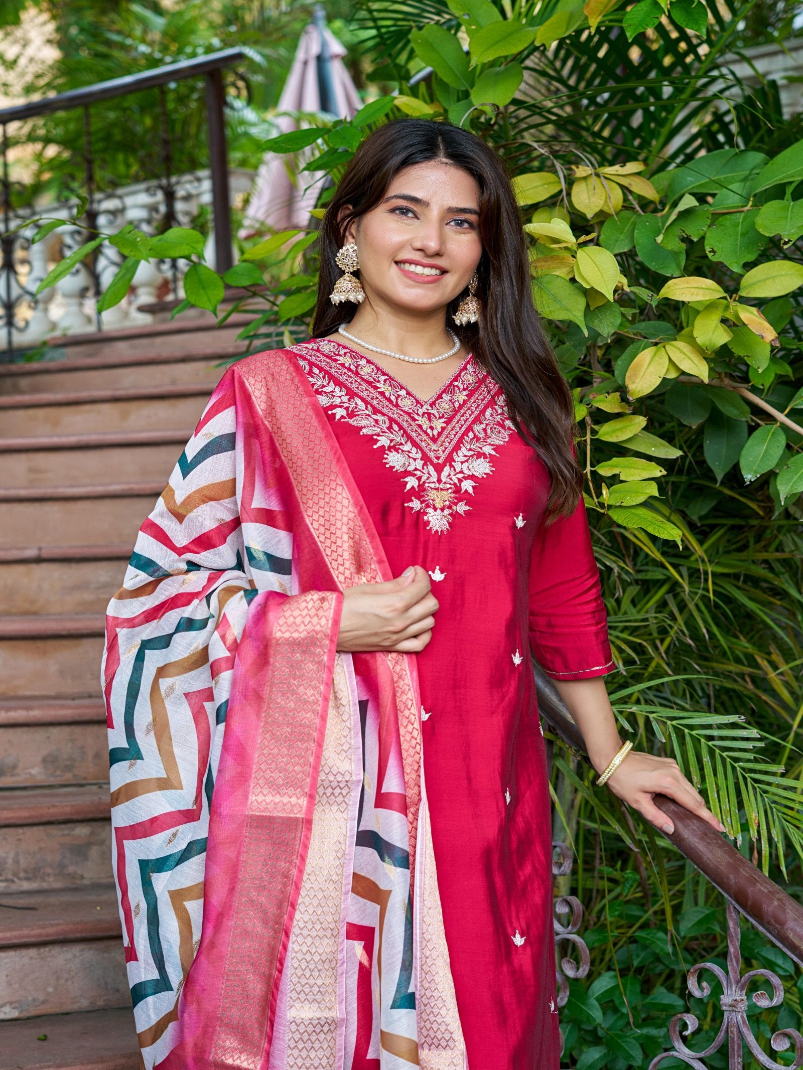 Maluka Women Roman Silk Solid Embroidery Kurta Pant with Dupatta Set