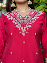 Maluka Women Roman Silk Solid Embroidery Kurta Pant with Dupatta Set