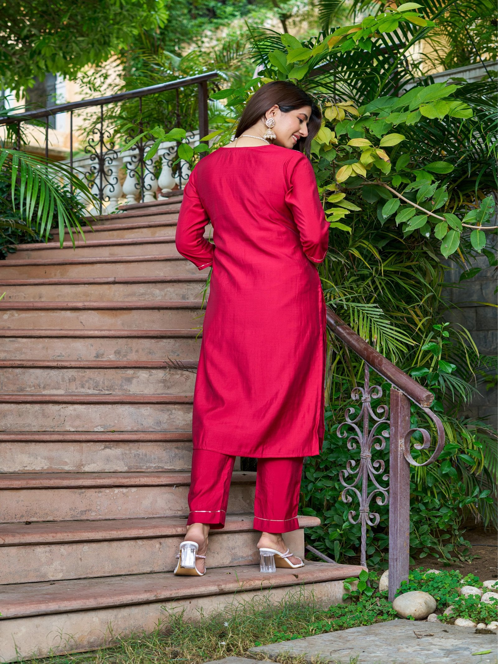 Maluka Women Roman Silk Solid Embroidery Kurta Pant with Dupatta Set