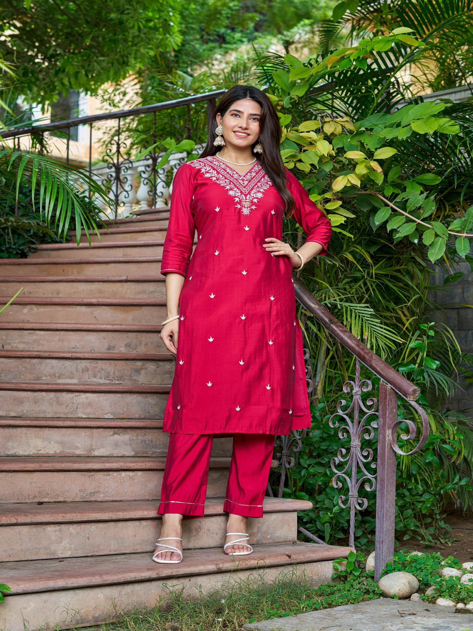 Maluka Women Roman Silk Solid Embroidery Kurta Pant with Dupatta Set