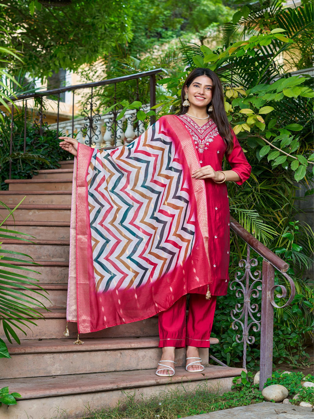 Maluka Women Roman Silk Solid Embroidery Kurta Pant with Dupatta Set