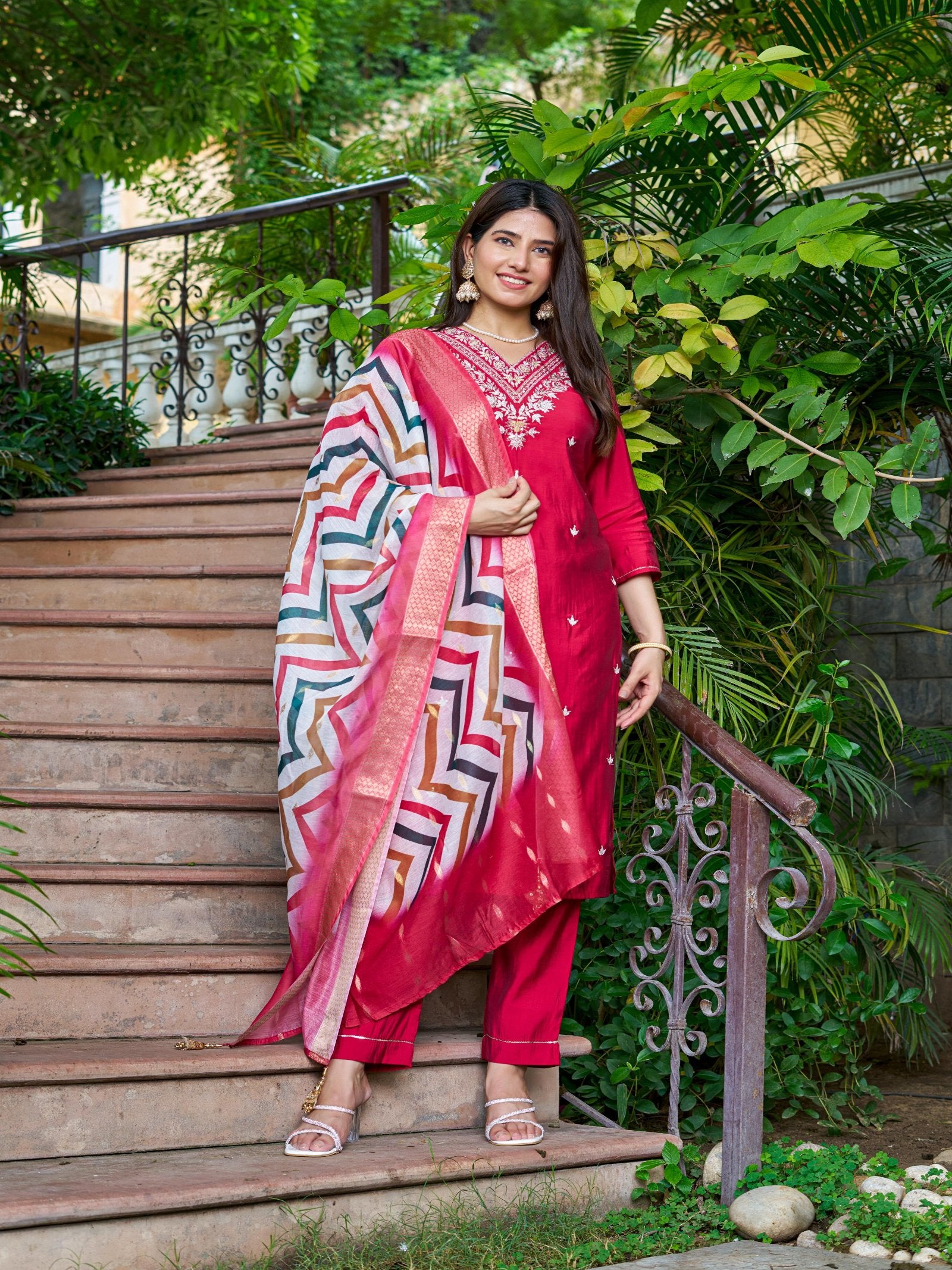 Maluka Women Roman Silk Solid Embroidery Kurta Pant with Dupatta Set