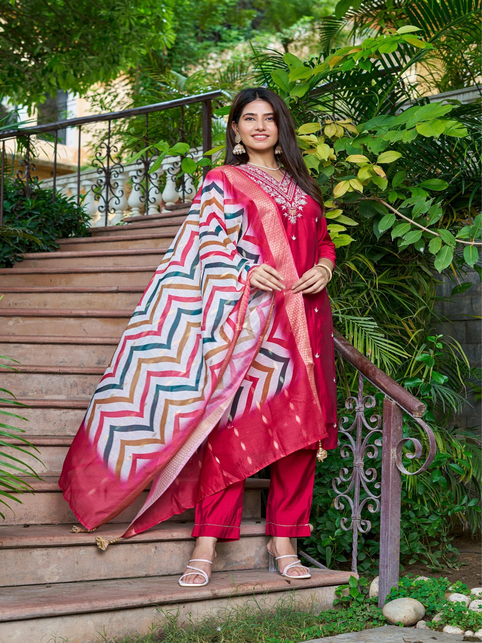 Maluka Women Roman Silk Solid Embroidery Kurta Pant with Dupatta Set