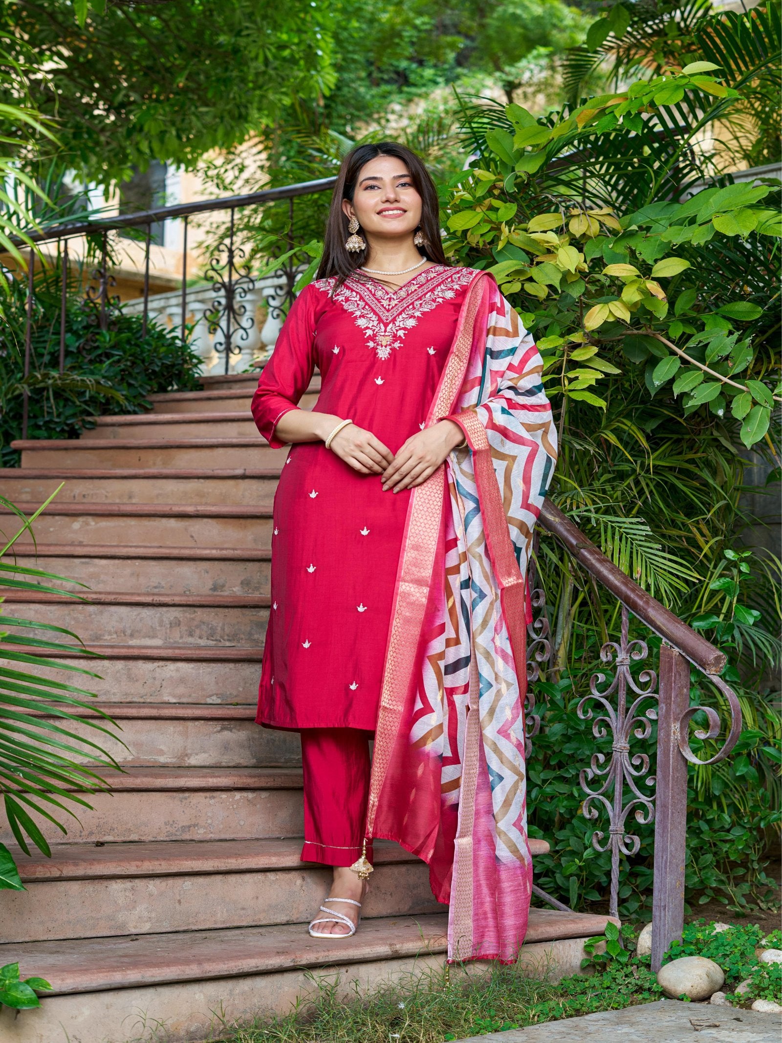 Maluka Women Roman Silk Solid Embroidery Kurta Pant with Dupatta Set