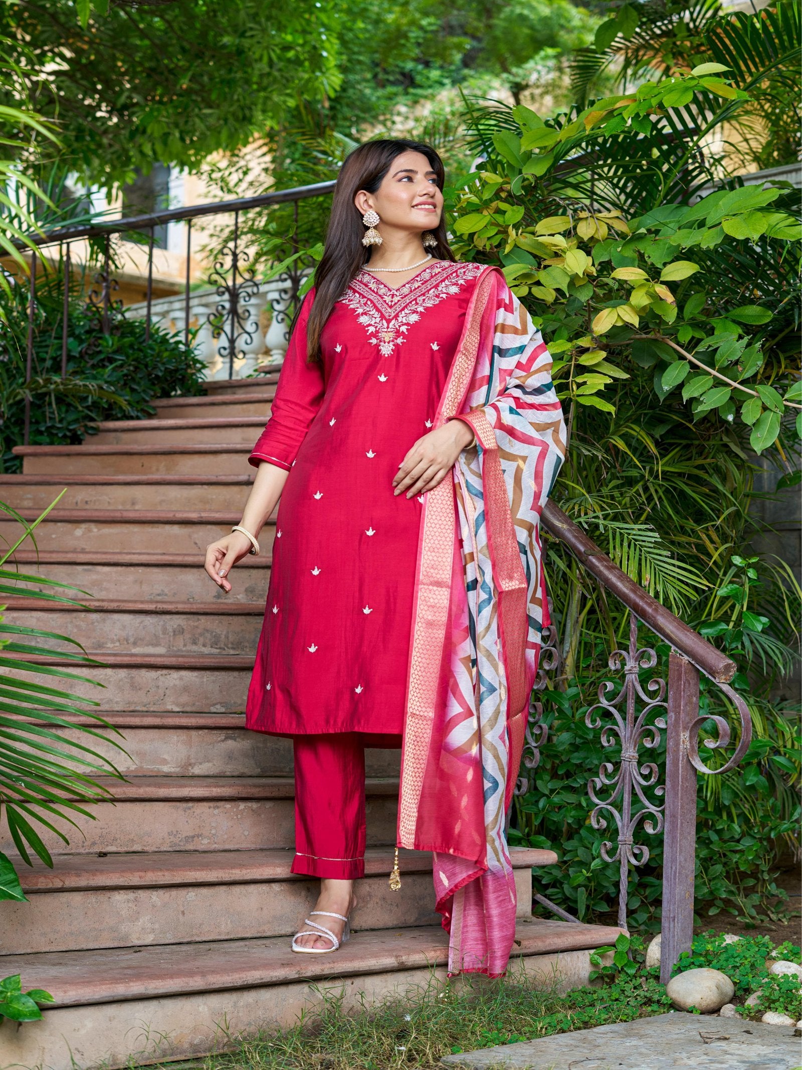 Maluka Women Roman Silk Solid Embroidery Kurta Pant with Dupatta Set